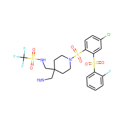 NCC1(CNS(=O)(=O)C(F)(F)F)CCN(S(=O)(=O)c2ccc(Cl)cc2S(=O)(=O)c2ccccc2F)CC1 ZINC000049771353