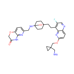 NCC1(COc2ccc3ncc(F)c(CCC45CCC(NCc6ccc7c(n6)NC(=O)CO7)(CC4)CO5)c3n2)CC1 ZINC000149257768