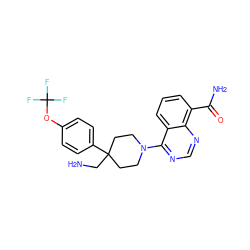 NCC1(c2ccc(OC(F)(F)F)cc2)CCN(c2ncnc3c(C(N)=O)cccc23)CC1 ZINC000114344122