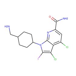 NCC1CCC(n2c(I)c(Cl)c3c(Cl)cc(C(N)=O)nc32)CC1 ZINC001772634743