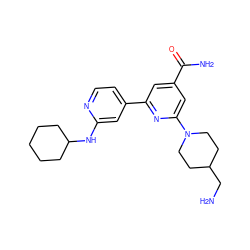 NCC1CCN(c2cc(C(N)=O)cc(-c3ccnc(NC4CCCCC4)c3)n2)CC1 ZINC000058575595