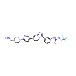 NCC1CCN(c2ccc(-c3ccn4c(-c5cccc(NC(=O)NCC(F)(F)F)c5)cnc4c3)cn2)CC1 ZINC000150336613