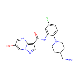 NCC1CCN(c2ccc(Cl)cc2NC(=O)c2cnn3cc(O)cnc23)CC1 ZINC000113651621