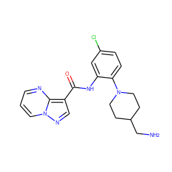 NCC1CCN(c2ccc(Cl)cc2NC(=O)c2cnn3cccnc23)CC1 ZINC000113650844