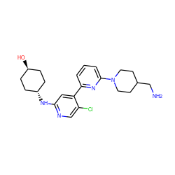 NCC1CCN(c2cccc(-c3cc(N[C@H]4CC[C@H](O)CC4)ncc3Cl)n2)CC1 ZINC000261173131