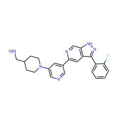 NCC1CCN(c2cncc(-c3cc4c(-c5ccccc5F)n[nH]c4cn3)c2)CC1 ZINC000205265075