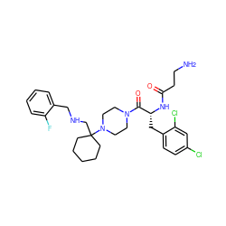 NCCC(=O)N[C@H](Cc1ccc(Cl)cc1Cl)C(=O)N1CCN(C2(CNCc3ccccc3F)CCCCC2)CC1 ZINC000028461824