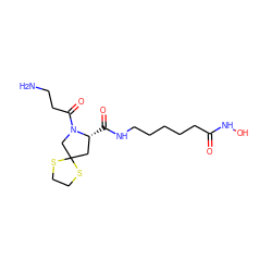 NCCC(=O)N1CC2(C[C@H]1C(=O)NCCCCCC(=O)NO)SCCS2 ZINC000072106421