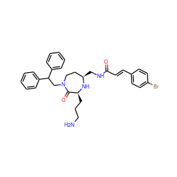 NCCC[C@@H]1N[C@H](CNC(=O)/C=C/c2ccc(Br)cc2)CCN(CC(c2ccccc2)c2ccccc2)C1=O ZINC000118684035