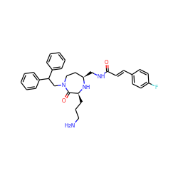 NCCC[C@@H]1N[C@H](CNC(=O)/C=C/c2ccc(F)cc2)CCN(CC(c2ccccc2)c2ccccc2)C1=O ZINC000118678204