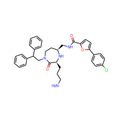 NCCC[C@@H]1N[C@H](CNC(=O)c2ccc(-c3ccc(Cl)cc3)o2)CCN(CC(c2ccccc2)c2ccccc2)C1=O ZINC000118686548