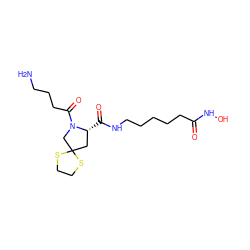 NCCCC(=O)N1CC2(C[C@H]1C(=O)NCCCCCC(=O)NO)SCCS2 ZINC000072105147