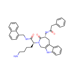 NCCCC[C@@H](C(=O)NCc1cccc2ccccc12)N1Cc2[nH]c3ccccc3c2C[C@@H](NC(=O)Cc2ccccc2)C1=O ZINC000042835371