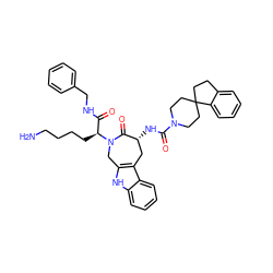 NCCCC[C@@H](C(=O)NCc1ccccc1)N1Cc2[nH]c3ccccc3c2C[C@@H](NC(=O)N2CCC3(CCc4ccccc43)CC2)C1=O ZINC000049832919