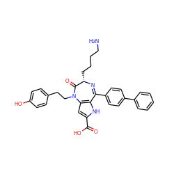 NCCCC[C@@H]1N=C(c2ccc(-c3ccccc3)cc2)c2[nH]c(C(=O)O)cc2N(CCc2ccc(O)cc2)C1=O ZINC000473135524