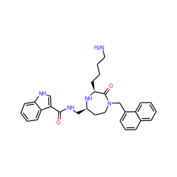 NCCCC[C@@H]1N[C@H](CNC(=O)c2c[nH]c3ccccc23)CCN(Cc2cccc3ccccc23)C1=O ZINC001772635985