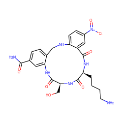 NCCCC[C@@H]1NC(=O)c2cc([N+](=O)[O-])ccc2NCc2ccc(C(N)=O)cc2NC(=O)[C@H](CO)NC1=O ZINC000027438899