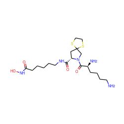 NCCCC[C@H](N)C(=O)N1CC2(C[C@H]1C(=O)NCCCCCC(=O)NO)SCCS2 ZINC000072106222