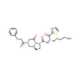 NCCCC[C@H](NC(=O)[C@@H]1CC[C@H]2CN(C(=O)CCc3ccccc3)CC(=O)N21)C(=O)c1nccs1 ZINC000027901002