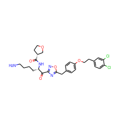 NCCCC[C@H](NC(=O)[C@@H]1CCOC1)C(=O)c1noc(Cc2ccc(OCCc3ccc(Cl)c(Cl)c3)cc2)n1 ZINC000042966060