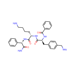 NCCCC[C@H](NC(=O)[C@H](Cc1ccc(CN)cc1)NC(=O)c1ccccc1)C(=O)N[C@H](C(N)=O)c1ccccc1 ZINC000473160983