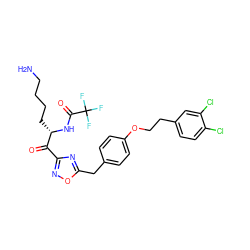 NCCCC[C@H](NC(=O)C(F)(F)F)C(=O)c1noc(Cc2ccc(OCCc3ccc(Cl)c(Cl)c3)cc2)n1 ZINC000042964941