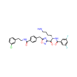 NCCCC[C@H](NC(=O)c1cc(F)cc(F)c1)C(=O)c1noc(Cc2ccc(C(=O)NCCc3cccc(Cl)c3)cc2)n1 ZINC000034803970