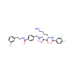 NCCCC[C@H](NC(=O)c1ccc(F)c(F)c1)C(=O)c1noc(Cc2ccc(C(=O)NCCc3cccc(Cl)c3)cc2)n1 ZINC000034804006