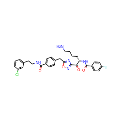 NCCCC[C@H](NC(=O)c1ccc(F)cc1)C(=O)c1noc(Cc2ccc(C(=O)NCCc3cccc(Cl)c3)cc2)n1 ZINC000034804029