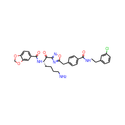 NCCCC[C@H](NC(=O)c1ccc2c(c1)OCO2)C(=O)c1noc(Cc2ccc(C(=O)NCCc3cccc(Cl)c3)cc2)n1 ZINC000034803980