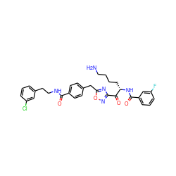 NCCCC[C@H](NC(=O)c1cccc(F)c1)C(=O)c1noc(Cc2ccc(C(=O)NCCc3cccc(Cl)c3)cc2)n1 ZINC000034804032