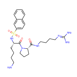 NCCCC[C@H](NS(=O)(=O)c1ccc2ccccc2c1)C(=O)N1CCC[C@H]1C(=O)NCCCCN=C(N)N ZINC000027552540