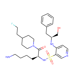 NCCCC[C@H](NS(=O)(=O)c1cnccc1N[C@H](CO)Cc1ccccc1)C(=O)N1CCC(CCF)CC1 ZINC000036093428