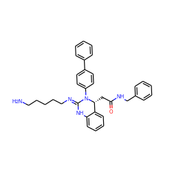 NCCCCC/N=C1\Nc2ccccc2[C@@H](CC(=O)NCc2ccccc2)N1c1ccc(-c2ccccc2)cc1 ZINC000028363095