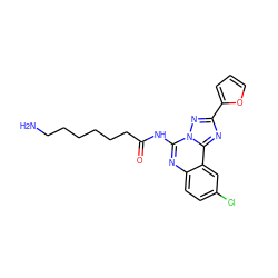 NCCCCCCC(=O)Nc1nc2ccc(Cl)cc2c2nc(-c3ccco3)nn12 ZINC000013672449