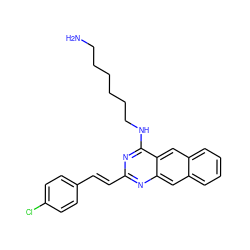 NCCCCCCNc1nc(/C=C/c2ccc(Cl)cc2)nc2cc3ccccc3cc12 ZINC000040877244