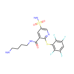 NCCCCNC(=O)c1cc(S(N)(=O)=O)cnc1Sc1c(F)c(F)cc(F)c1F ZINC000049089466