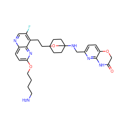 NCCCCOc1ccc2ncc(F)c(CCC34CCC(NCc5ccc6c(n5)NC(=O)CO6)(CC3)CO4)c2n1 ZINC000149101984