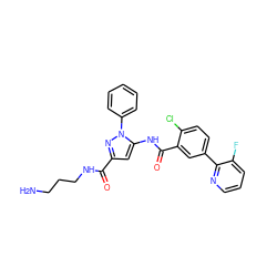 NCCCNC(=O)c1cc(NC(=O)c2cc(-c3ncccc3F)ccc2Cl)n(-c2ccccc2)n1 ZINC001772623331