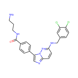 NCCCNC(=O)c1ccc(-c2cnc3ccc(NCc4ccc(Cl)c(Cl)c4)nn23)cc1 ZINC000058590469