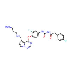 NCCCNCc1ccn2ncnc(Oc3ccc(NC(=O)NC(=O)Cc4ccc(F)cc4)cc3F)c12 ZINC000029040614