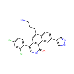 NCCCc1cc2c(-c3ccc(Cl)cc3Cl)c[nH]c(=O)c2c2cc(-c3cn[nH]c3)ccc12 ZINC000028956074