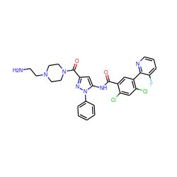 NCCN1CCN(C(=O)c2cc(NC(=O)c3cc(-c4ncccc4F)c(Cl)cc3Cl)n(-c3ccccc3)n2)CC1 ZINC001772646651