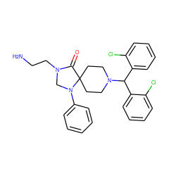 NCCN1CN(c2ccccc2)C2(CCN(C(c3ccccc3Cl)c3ccccc3Cl)CC2)C1=O ZINC000040402984