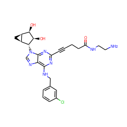 NCCNC(=O)CCC#Cc1nc(NCc2cccc(Cl)c2)c2ncn([C@H]3[C@H](O)[C@H](O)[C@@H]4C[C@@H]43)c2n1 ZINC000049694446