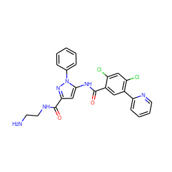 NCCNC(=O)c1cc(NC(=O)c2cc(-c3ccccn3)c(Cl)cc2Cl)n(-c2ccccc2)n1 ZINC001772625753