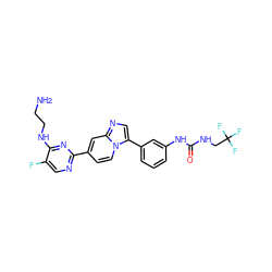 NCCNc1nc(-c2ccn3c(-c4cccc(NC(=O)NCC(F)(F)F)c4)cnc3c2)ncc1F ZINC000169704650