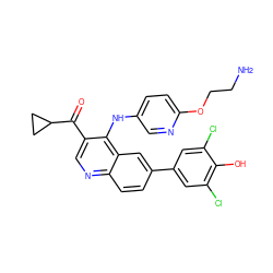 NCCOc1ccc(Nc2c(C(=O)C3CC3)cnc3ccc(-c4cc(Cl)c(O)c(Cl)c4)cc23)cn1 ZINC000114035687