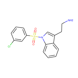 NCCc1cn(S(=O)(=O)c2cccc(Cl)c2)c2ccccc12 ZINC000014975904