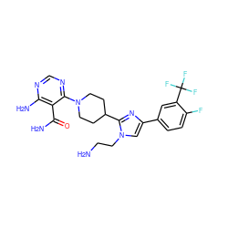 NCCn1cc(-c2ccc(F)c(C(F)(F)F)c2)nc1C1CCN(c2ncnc(N)c2C(N)=O)CC1 ZINC000218705160